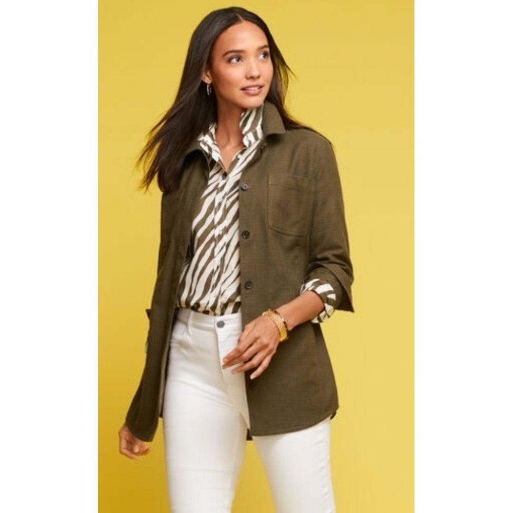 Talbots Womens Shirt Jacket Size L Olive Green Textured Button Front Utility
